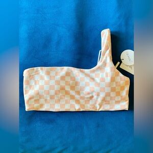 NWT Peixoto Women's One-Shoulder Bikini Top Beige & White Checkered Size Medium
